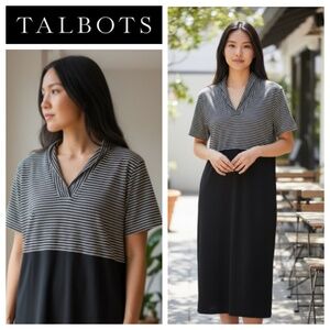 Talbots Midi Dress Sz XL 14 16 Black Striped Colorblock Classic Career Academia